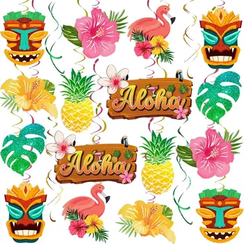 Спиральные подвески для вечеринки на Гавайях, Алоха, Летний декор для дня рождения на тропическом пляже, баннеры с изображением Фламинго, ананаса, пальмовых листьев