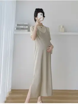 Комплект одежды для беременных в корейском стиле, однотонные модные платья для беременных, топ с коротким рукавом + платье на бретельках, костюмы для беременных