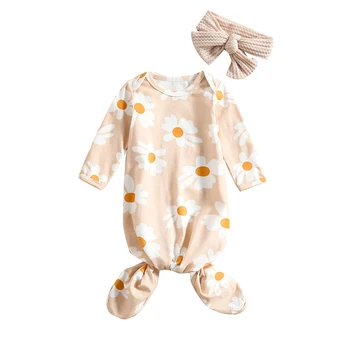 Комплекты спальных мешков для новорожденных девочек, спальный карман с круглым вырезом и цветочным принтом с длинным рукавом + Милая повязка на голову, костюмы для спальных мешков