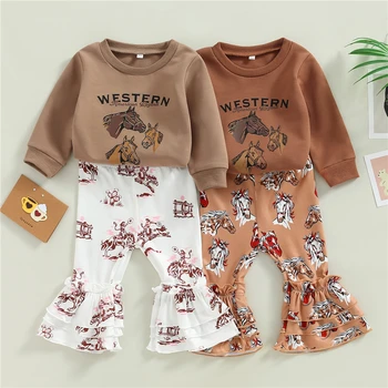 Весенне-осенний комплект одежды для маленьких девочек, пуловеры с длинными рукавами и буквенным принтом, толстовки и расклешенные брюки с рисунком лошади, костюм из 2 предметов