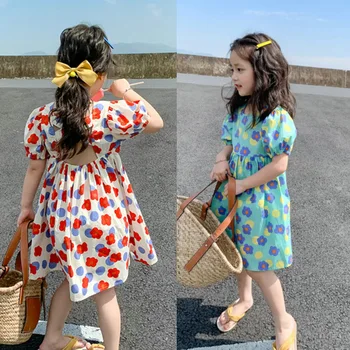 Летнее платье с милым цветочным принтом для девочек 2023 года с пышными рукавами двух цветов
