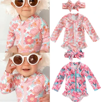FOCUSNORM, детский купальник для девочек от 0 до 3 лет, комбинезон, 2 предмета, купальный костюм с длинными рукавами и фламинго/цветочным принтом на молнии, головной убор